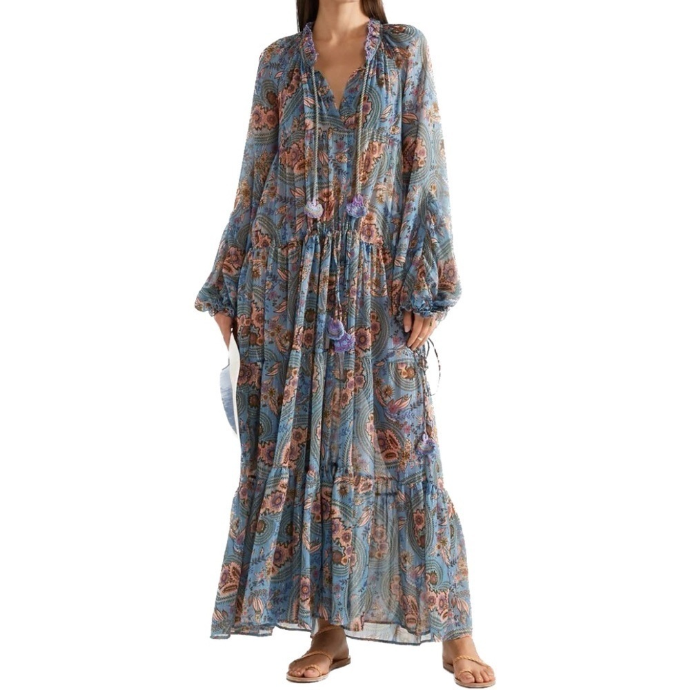 Anjuna Alicia Maxi Dress Metallic Floral Tiered Medium Blue Crochet Beaded boho